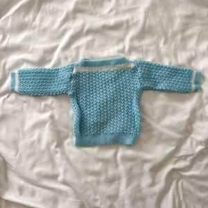 Vintage crochet baby sweater white blue handmade unisex gender neutral boy girl